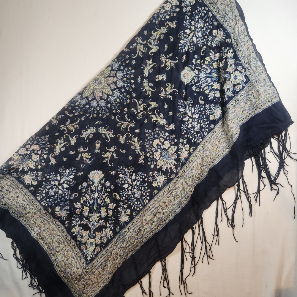 Aldo Navy Blue Floral Paisley Cotton Scarf Fringe Tassel Lightweight Shawl Wrap